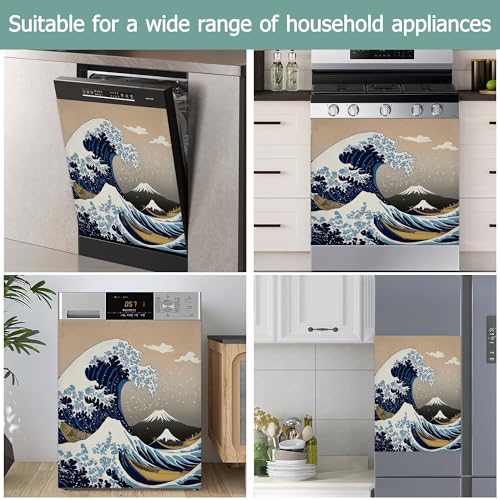 Image of Dishwasher Magnets Decorative Cover,Japanese Sea Wave Refrigerator Magnet Cover,Washable Vintage Boats Dishwasher Front Panel Cover Home Kitchen Decoration 23x26 Inch