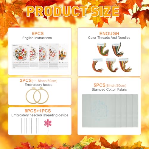 Image of 5 Sets Fall Embroidery Kit for Beginners Adults Embroidery Starter Kit Mushroom Maple Leaf Autumn Cross Stitch Kits Embroiderys Needlepoint Kits Include Instruction 2 Hoops Color Threads Needles