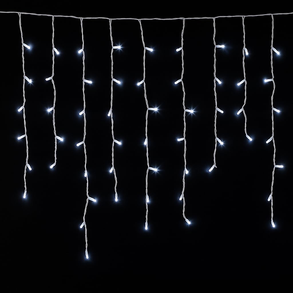 Tenda Luminosa 200 LED, 5Mt, Luce Bianca, Cavo Bianco, IP65, Prolungabile, Effetto Flash, Con fili pendenti a lunghezze alternate (30–70–40–60 cm) per effetto a cascata