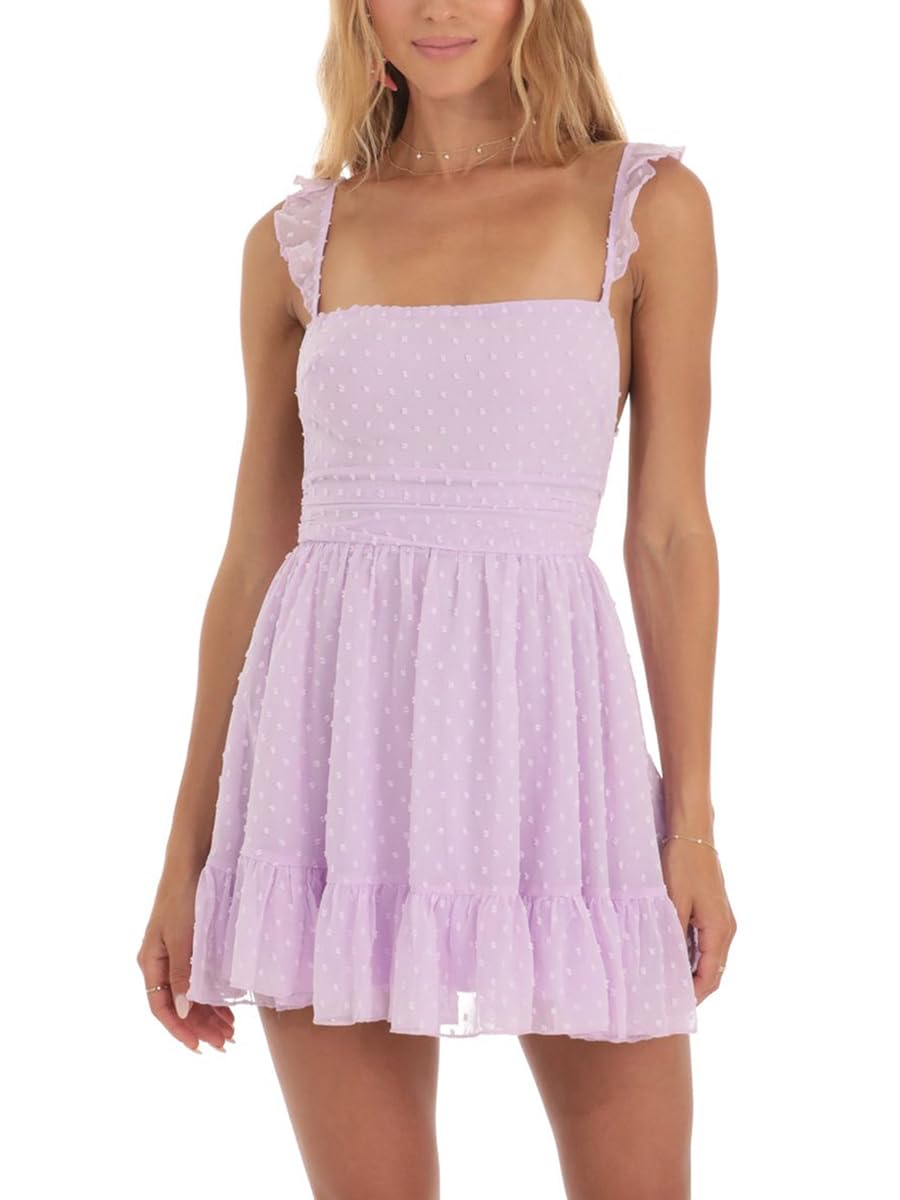 Fiacafyo Women Spaghetti Strap Short Dress Lace Short Sleeve Mini Dress Fairy Ruffles Aline Minidress Backless Sundress (A-Purple, L)
