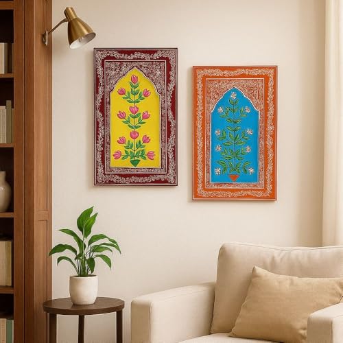 Image of SHREE 'O' GREEN TECH Set Of 2 Handcrafted Wooden Unique Jharokha Wall Hanging Multicolor Rajasthani Window Frame for Home, Living Room, Bedroom & Office Decor (9x15 Inch)