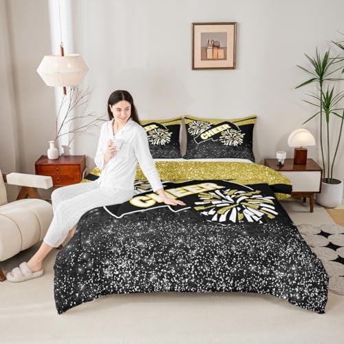 Image of Feelyou Yellow Glitter Cheer Comforter Set Toddler Size Dreamy Girly Gymnastic Sports Comforter for Kids Boys Girls Gymnastics Lovers Bedding Set Cheer Sports Duvet Set Room Decor Quilt