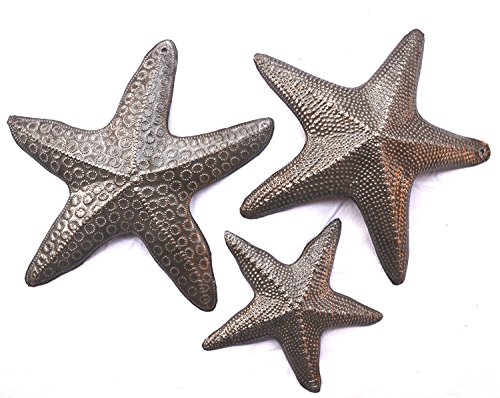 Starfish, Set of 3, Sea Life Nautical Home Decor, Recycled Wall Art 8x8 and 5x5 Inches, Haitian, Decorative, Plaque