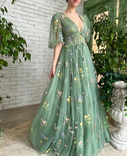 Prom Dresses for Women 2024 Puffy Sleeve Flower Embroidery Tulle Formal Gowns Homecoming Dresses3