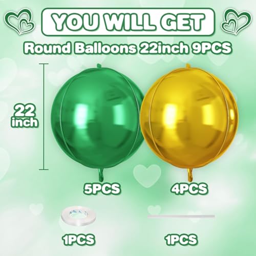 Image of 9 Pcs Green Gold Round Foil Balloons,22 Inch Round Balloons | Green Gold Giant 4D Round Ball Balloons For Birthday Jungle Safari Graduation St Patrick's Day Decorations