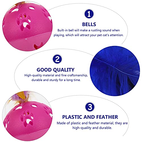 POPETPOP 4pcs Cat Toy Ball with Bell and Feather Plastic Lattice Kitten Chase Pounce Rattle Toy, As Shown, 5X5X13CM - Image 4