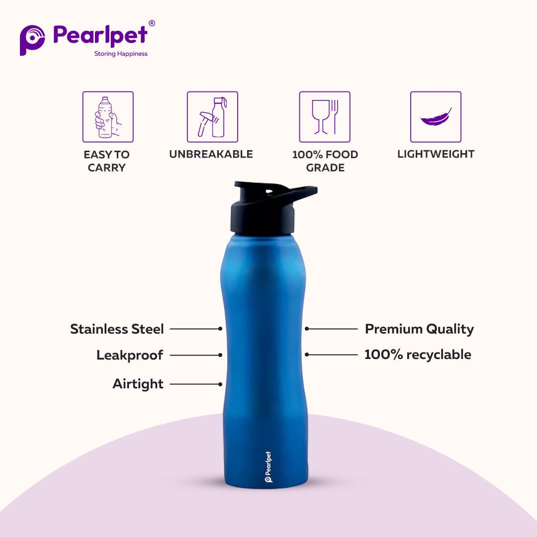 PEARLPET Sportskool Slim Stainless Steel Single Wall Water Bottle 750ml | Leakproof, Durable, Reusable | For Gym, School, Office, Fridge Use | Pack of 1 (Blue) 1