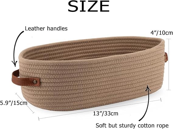 Image of [Pack of 1-13x6x4 inch, Oval, Brown] Handwoven Soft Jute Cotton Basket with Leather Handle | Shelf Baskets, Naturally Reshapes After Filling | Ideal for Storage, Organization & Gift Hampers