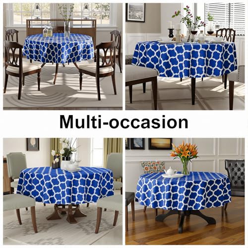 Image of Smiry Round Table Cloth, Flannel Backed Vinyl Tablecloth, 60 inch Round | Waterproof Plastic Tablecloths, Wipeable Table Cover for Dining, Indoor and Outdoor (Blue)