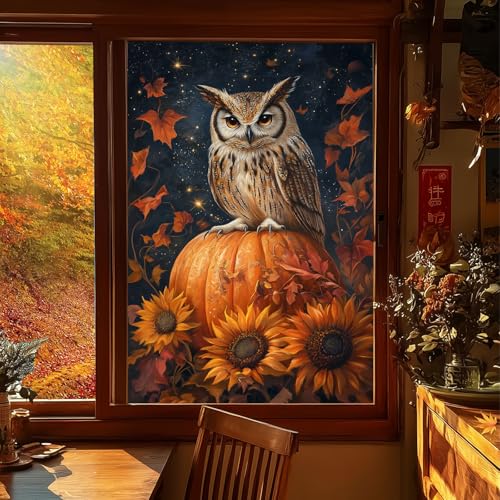 Película de ventana otoñal con búho 31x47 pulgadas miniatura 1