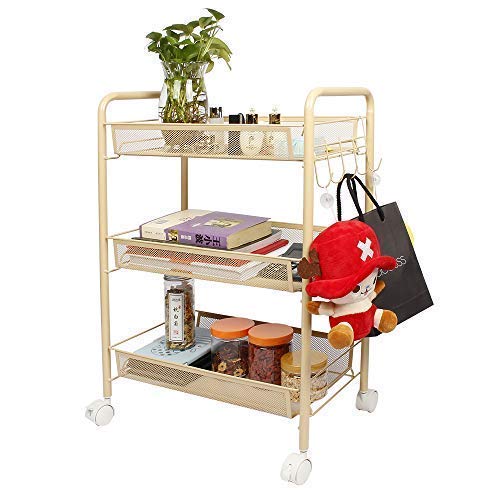 GBmall 3-Tier Metal Mesh Rolling Storage Shelf Cart and Organizer with 5 Hanging