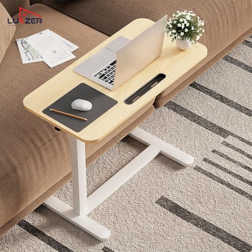 Image of Lukzer MST-002 White Frame Brown Oak Top Overbed Table with Wheels | Adjustable Height Laptop Desk for Bed & Sofa | Rolling Bedside Table for Home, Hospital & Office (40x80x95 cm)