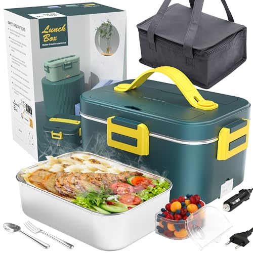 Fishoney Fiambrera Electrica, Taper Electrico para Comida, 1.8L Lancheira Electrica, Fiambrera Termica, con Compartimentos Cuchillo y Tenedor, para Automóvil 12V/Camión 24V/Familia 220V (75W)