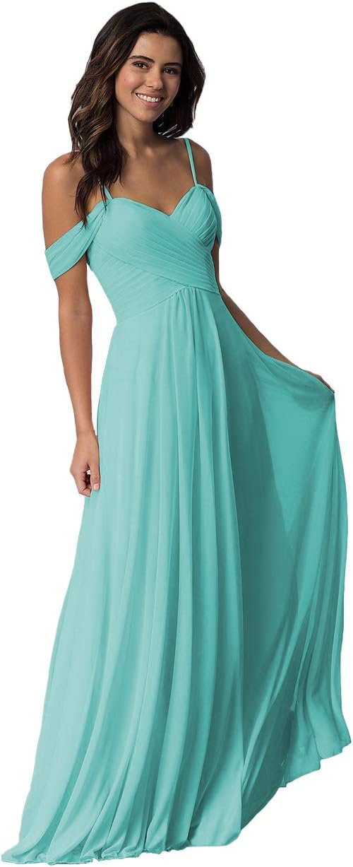 Miao DuoOff Shoulder Long Bridesmaid Dresses 2024 with PocketsChiffon A Line Formal Dress for Women Wedding MD1201