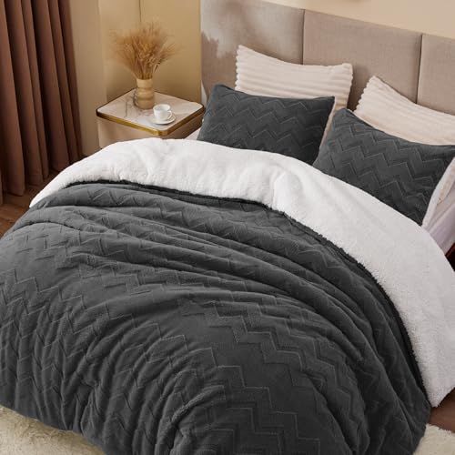 Image of BEDELITE Fluffy Sherpa King Comforter Set,Charcoal | Super Soft & Warm Fleece Bedding, Luxury Fuzzy Comforter for Winter, Heavy Plush Bedding Set,2 Pillowcases