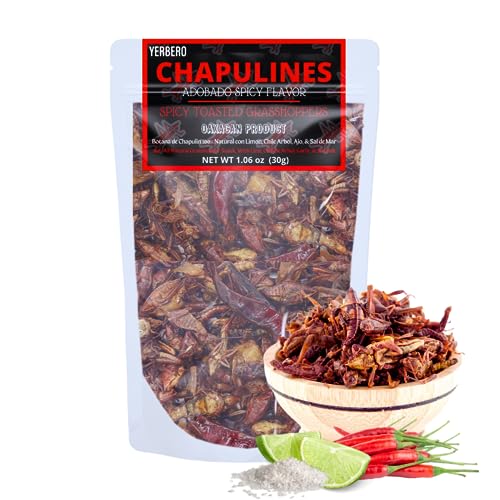 Yerbero – Fresh Chapulines From Oaxaca 1.03 oz (30gr) Adobado Spicy Flavor | All Natural Toasted Grasshoppers With Chili, Lime, Sea Salt and Garlic | Always Fresh (Not Dehydrated) Delicious, Exotic Mexican Snack. Imported From Mexico.