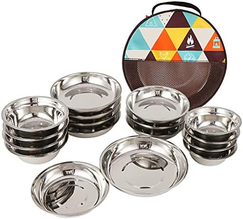 Stainless Steel Dinner Plates Ultra 17 Pcs Set Camping Bowls Stainless Steel Dinner Plate Set Include Round Dinner Plate for Eating, Camping, Picnic,Outdoor, Dishwasher Safe