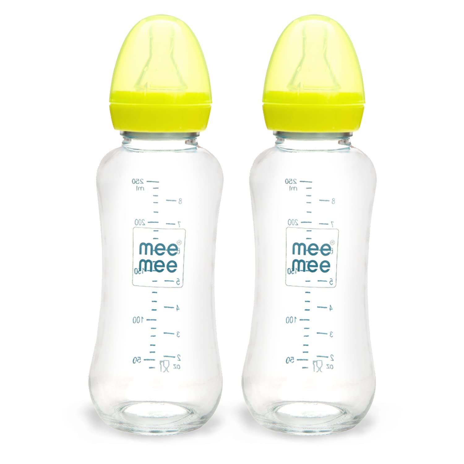 Mee Mee Premium Glass Feeding Bottle with Eazy-Flow Technology, Anti-Colic Valve,Anti Slip,BPA-Free Baby Feeding Bottle for Babies & Toddlers(Green, 240Ml,Pack of 2)