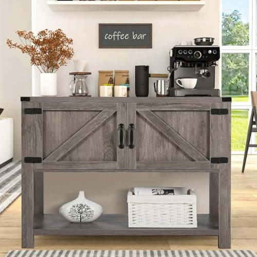 4ever2buy Farmhouse Coffee Bar Cabinet with Barn Doors, Grey Coffee