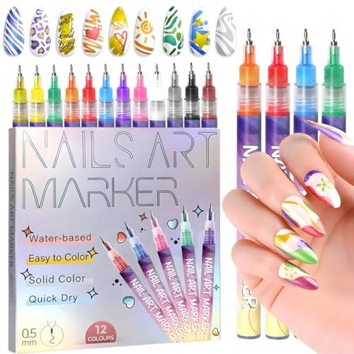 Nail Art Marker | Wasserdicht und schnell trocknend 12-teiliges Nagelkunst-Stiftset für kreative DIY-Nageldesigns perfekte Maniküre-Werkzeuge