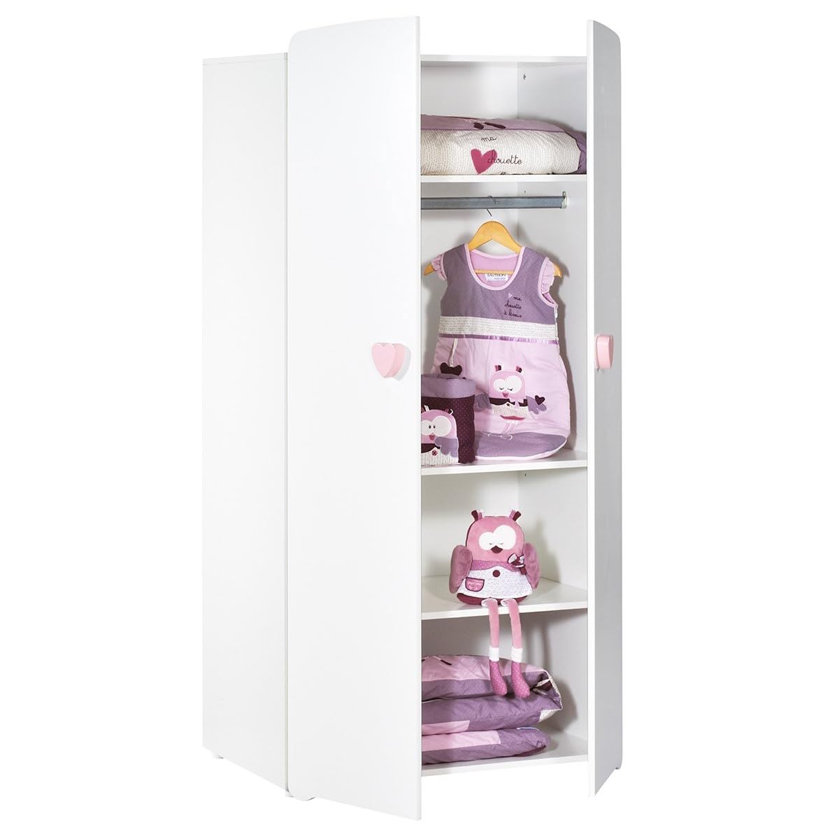 Armoire Enfant | Meuble Rangement Enfant 2 Portes | Boutons Coeur Rose Basic | 85 x 175 x 56 cm | Fabriqué en France | Babyprice par Sauthon