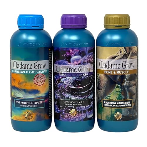Madame Grow – Kit Florwest – Fertilizantes Orgánicos – Promueve la Floración, Favorece el Rendimiento y un Crecimiento Saludable – Bazooka Bloom, Caribbean Algae y Bone & Muscle – 3 x 1 L c/u