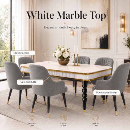 Image of 6-Seater Dining Table Set with Nano Composite Marble Top | Golden PVC Wooden Base | Includes 6 Fabric Upholstered Chairs | 2 Year Warranty | Dining Room Furniture Set for Home (Gray)