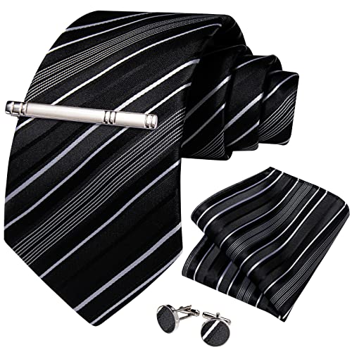 Image of DiBanGu Mens Striped Tie Silk Woven Necktie and Pocket Square Cufflinks Tie Clip Set Wedding Business Formal Gift Tie for Men