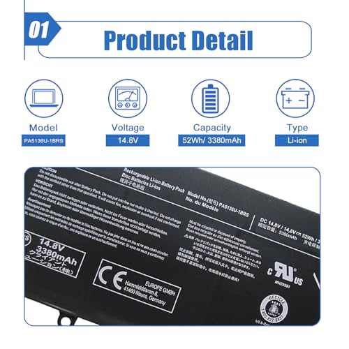 Image of PA5136U-1BRS 14.8V 52Wh Laptop Battery Compatible with Toshiba Portege Z30 Z30-A Z30-A1301 Z30-B Z30-A1301 Z30-AK01S Z30-AK03S Z30-AK04S Z30-AK06S Z30-AK12S Z30-AK22S Series Notebook