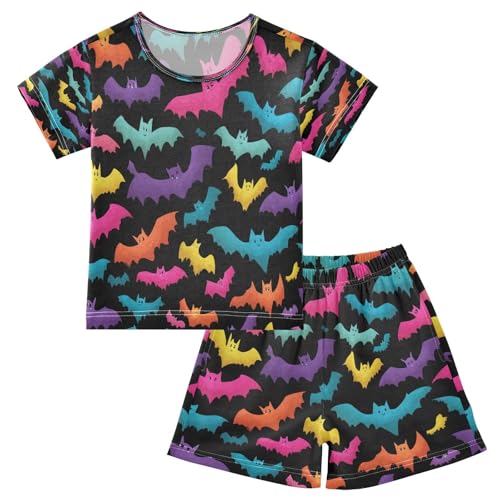 Pajama Sets Short Sleeve Colorful Bats Flying Against Black Soft Cotton Summer Sleepwear 2 Piece PJS Size 5-14T