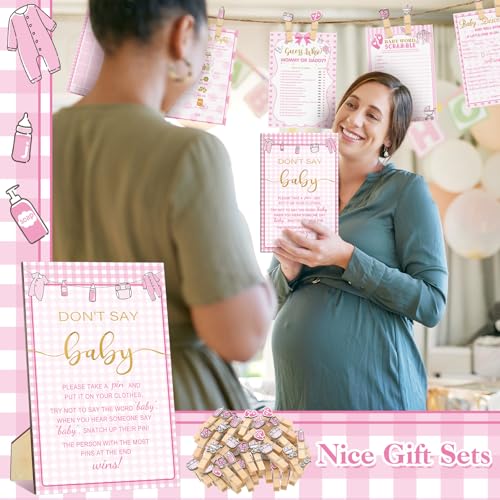 Image of Patelai 321 Pcs Pink Gingham Baby Shower Decorations Pink Plaid Welcome Sweet Baby Shower Cute Coquette Bow Party Bingo Games for Coquette Theme Don't Say Gender Reveal Party Supplies