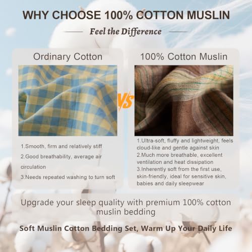 Image of EAVD Vintage Yellow&Brown Plaid Duvet Cover Full Soft 100% Muslin Cotton Retro Grid Checkered Plaid Bedding Set with 2 Pillowcases Farmhouse Reversible Gingham Duvet Cover with Zipper Closure