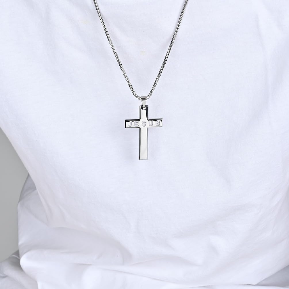 Cross Necklace for Men,Stainless Steel Black Silver Jesus Christ Crucifix Pendant Necklace Jewelry，60cm Rolo Chain - Image 2