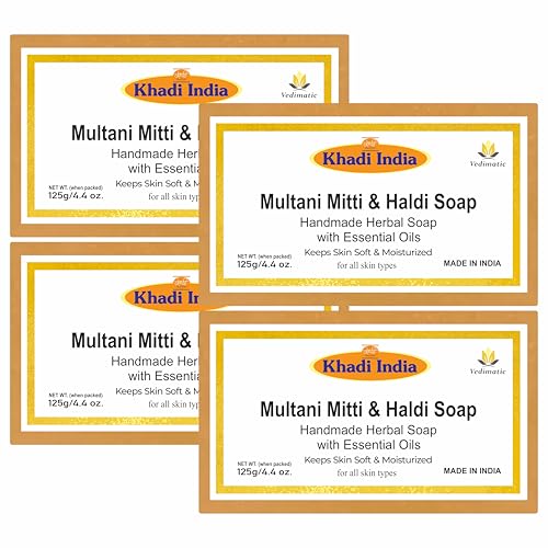 Image of Khadi 100% Pure & Natural Living Multani Mitti & Haldi (Turmeric) Luxury Handmade Organic Soap Pack of 4 (125) gm each for Oily Skin