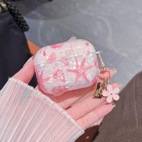 Image of MINSCOSE for AirPods Pro 3 Clear Case,Cute Glitter Seashell and Starfish Pattern Design with Folral Keychain,Soft TPU Protective Cover with Cleaner Kit for Girls Women-Pink