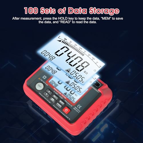 Image of Megohmmeter, 1000V /2500V /5000V Digital Insulation Resistance Tester with AC /DC Voltage 10-600V, 100 Data Storage, DAR /PI, LCD Backlight, Low Battery Indicator for Electrical Equipment Testing