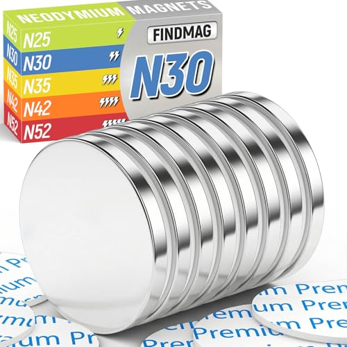 FINDMAG Neodymium Disc Magnets Strong Magnet Rare Earth Magnets with Double-Sided Adhesive for DIY, Fridge,Scientific, Home, 1.18'' D x 1/8'' H - Pack of 8