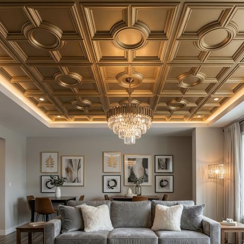 Image of Kayra Decor PVC Ceiling Panel 60x60 cm|Regal Medallion Design|Champagne Gold|50 Tiles Cover 200 Sq Ft| Modern False Ceiling|Royal & Elegant Finish