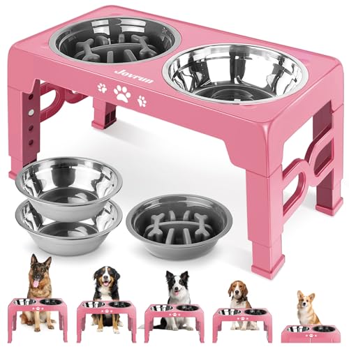 Jovrun Elevated Dog Bowls, Dog Feeder with Stainless Steel Dishes & Slow Feeder Bowl, 5 Heights Adjustable Raised Stand for Medium Large, Food Dishes with Non-Slip Feet