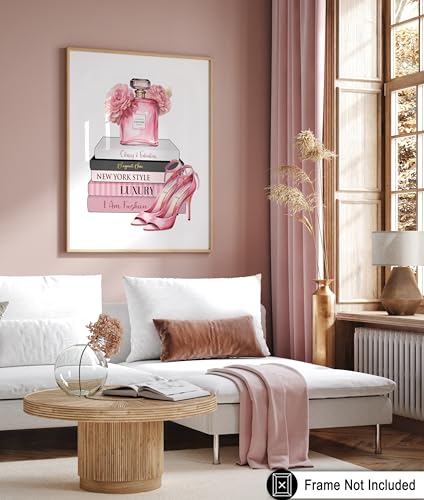 Image of Poster Master Fashion Print - Pink Designer Poster - Shoes & Perfume Art - Chic Gift for Her & Fashionista - Luxury Haute Couture Decor for Bedroom or Girl's Room - 16x20 UNFRAMED Wall Art