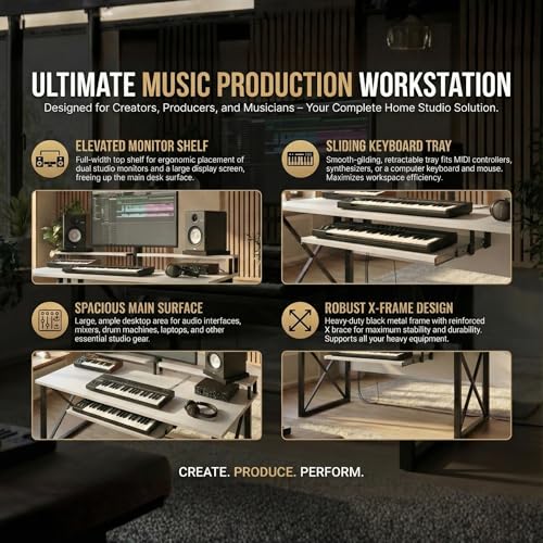 Image of FFO Music Studio Desk | Music Studio Desk with Keyboard Tray | Workstation,Laptop PC Computer, Music Instrument Table for Music Producers | (White) | (120L x 60W x 87H CM) | (DIY)