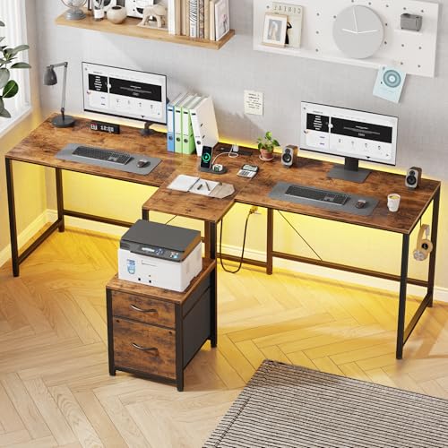 HIGDBFE T-Shaped 2 Person Desk with Power Outlet, Long Two Person Gaming Table with LED & Fabric Drawers, 81.2'' Computer Desks with File Cabinet, Double Workstation for Home Office, Rustic Brown