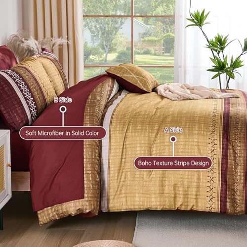Image of Dintszyayue Burgundy King Comforter Size Set, 8 Pieces Boho Striped Texture Bed in a Bag Sets, Lightweight Soft Bohemian Comforter and Sheet Set, All Season Microfiber Bedding Sets for Men Women