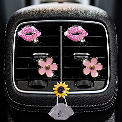 Image of Pink Lip & Daisy Air Vent Clips, 4 Pcs Bling Flower Car Air Fresheners Vents Clips Funny Car Diamond Car Interior Decor Bling Cute Car Accessories Car Decoration for Women +Sunflower Mask Hook