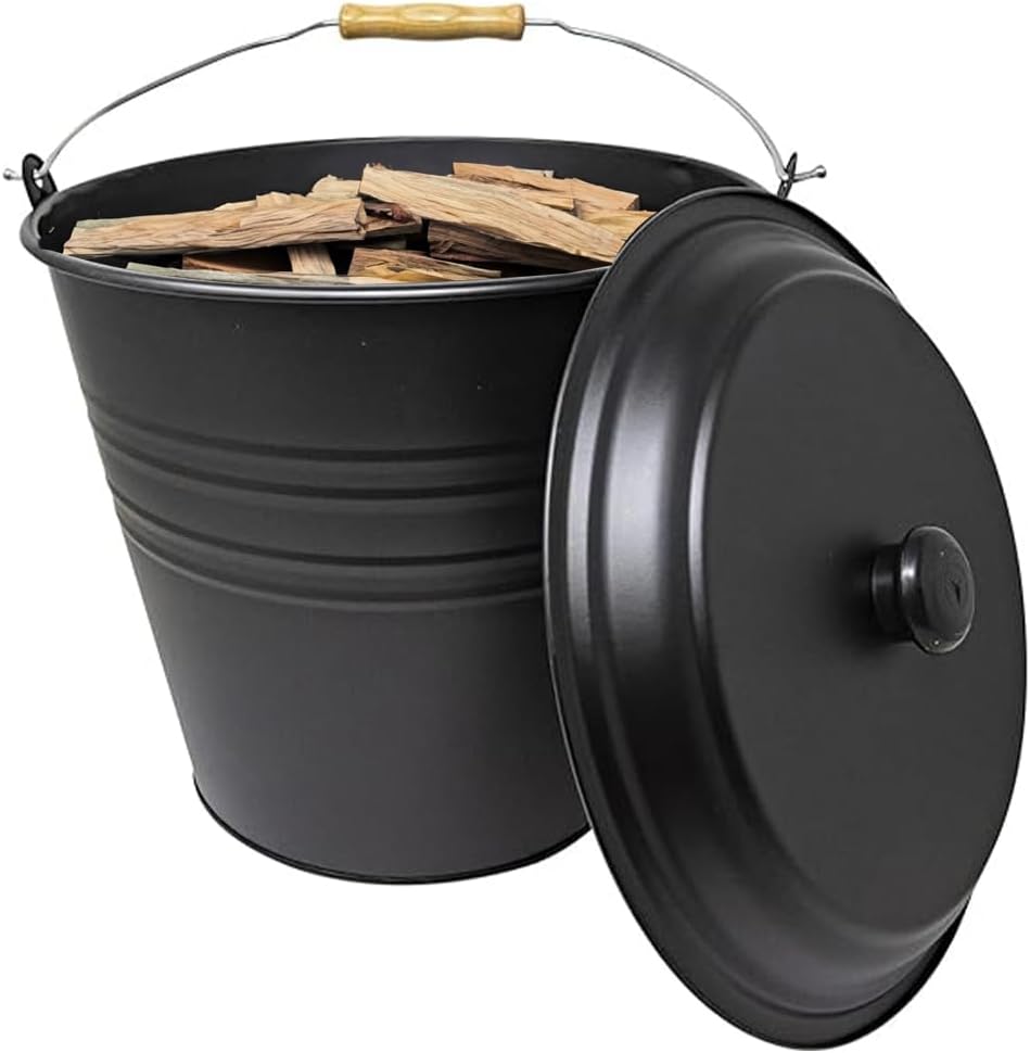 12L Metal Ash Bucket With Lid | Removable Lid | Wood Handle | Coal Scuttle | Coal Bucket