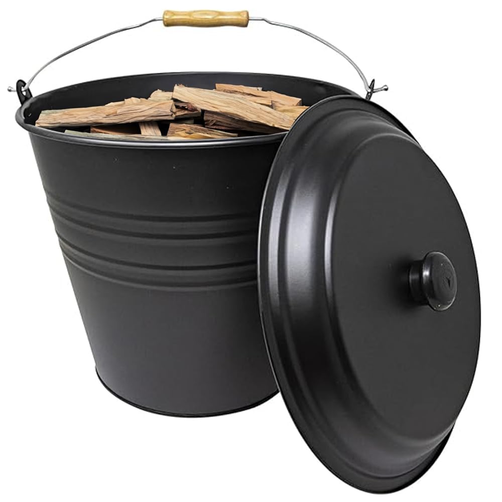 BARGAINS-GALORE New 12L Metal ASH Bucket with LID Wooden Handle Fireplace Container Litre Coal
