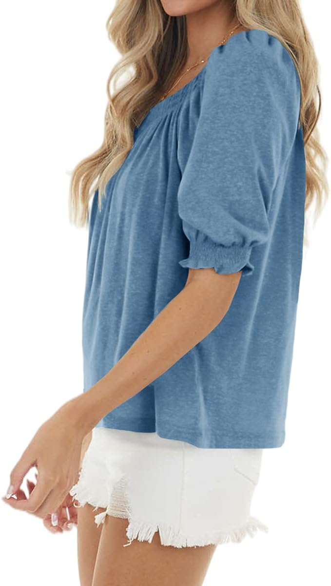 Womens Casual Square Neck Puff Half Sleeve Tops Pleated Loose Basic Summer T Shirts Blouses - Image 2