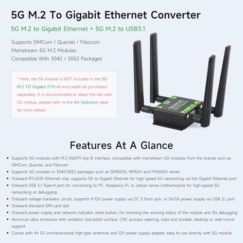 Image of Waveshare 5G M.2 to Gigabit Ethernet Converter, 5G M.2 to USB3.1, Aluminum Alloy Case, Wall-Mount Support, Quad Antennas, Onboard M.2 Key B Interface, USB3.1 Port
