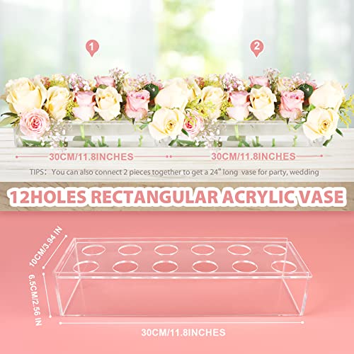 Clear Acrylic Flower Vase Rectangular Floral Centerpiece For Dining Table, 12 Inch Long Flower Vase For Centerpieces 12 Holes Clear Acrylic Flower Vase For Party Home Wedding Decor (12 Holes) #TOP1