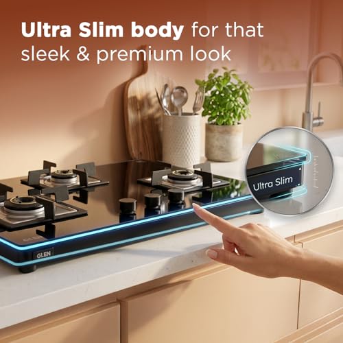 Image of Glen Ultra Slim Premium LPG Gas Stove 3 Burner | 8 MM Thick Toughened Glass Top | 1 Jumbo Forged Brass Burner | Manual Ignition | 2 years standard and 5 years glass Warranty | 1037USTN